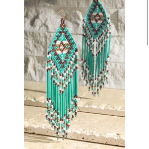 NEW Handmade 5” Western Turquoise Seed Fringe Dangle Earrings